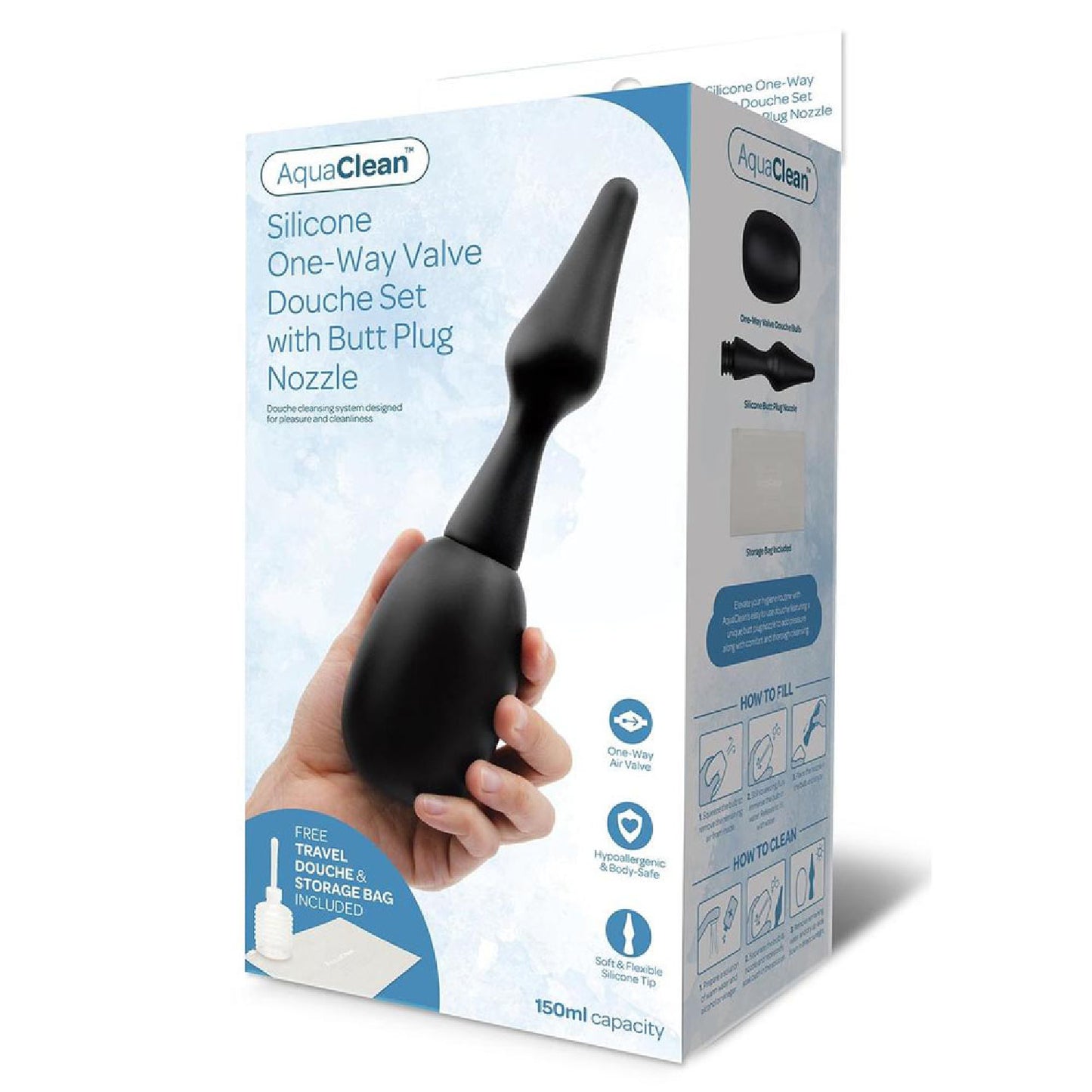 AquaClean Silicone 1-Way Valve Douche Set with Butt Plug Nozzle -