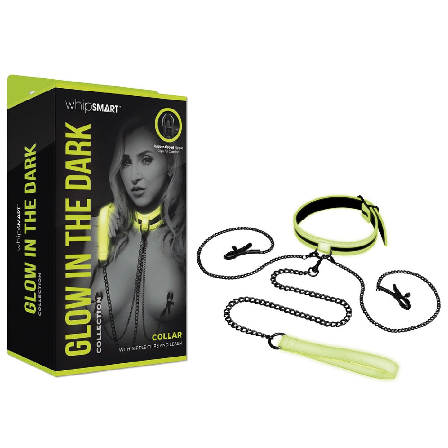 WhipSmart Glow In The Dark Collar with Nipple Clips & Leash - adu
