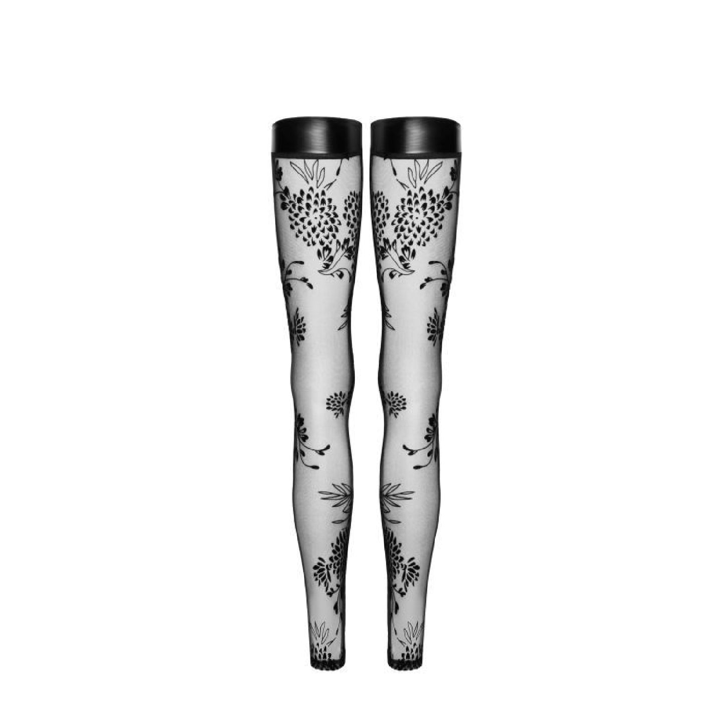 Tulle Stockings w Patterned Flock Embroidery & Power Wetlook Band