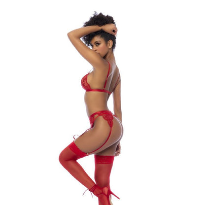 Red 3 Pc Set w/ Bralette, Garter Belt and Thong