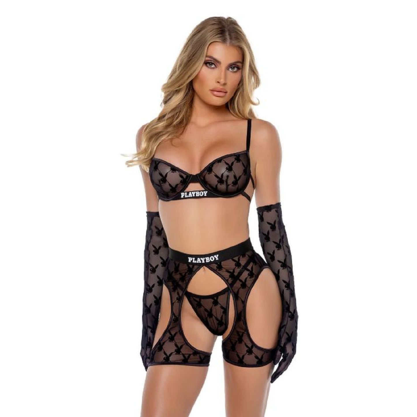 Playboy Flocked Bunny Chaps 3 Pc Set  Black