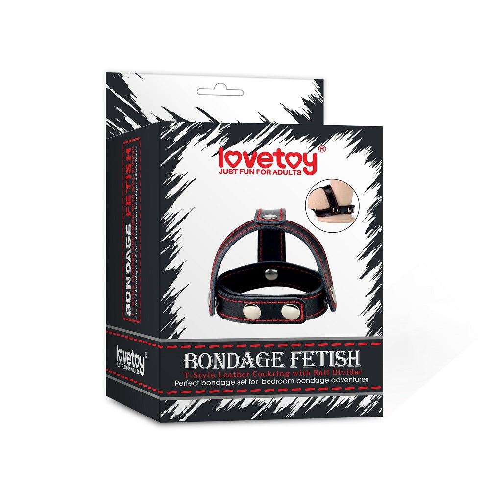 Bondage Fetish T-Style Leather Cock Ring with Ball Divider