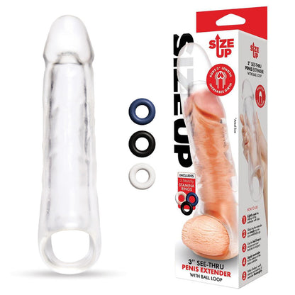 Size Up 3 Inch See-Thru Penis Extender with Ball Loop - bullet vibrators Australia | Fetish Gear Australia